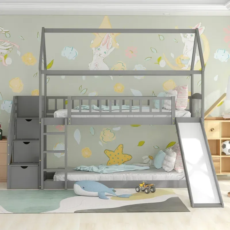 Solid wood children's double b - Bunk Bed With Stairs And Slide ulasan dan harga