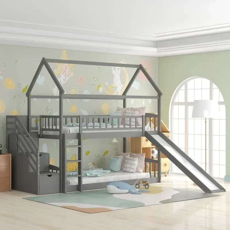 Solid wood children's double b - Bunk Bed With Stairs And Slide ulasan dan harga